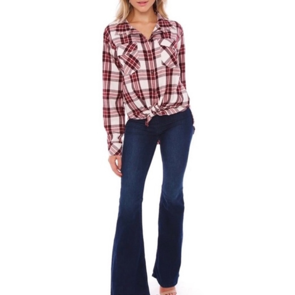 🌸NWT Sanctuary Boyfriend Maroon Plaid Button Down Shirt. Lightweight Flannel. M - Picture 3 of 15